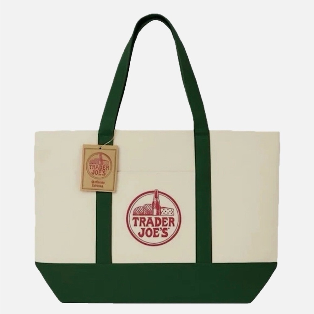 Trader Joe's Green and Cream Tote Bag